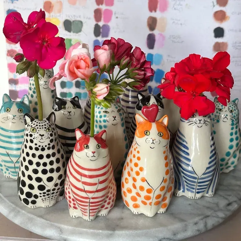 Whimsical Hand-Painted Cat Vase Collection