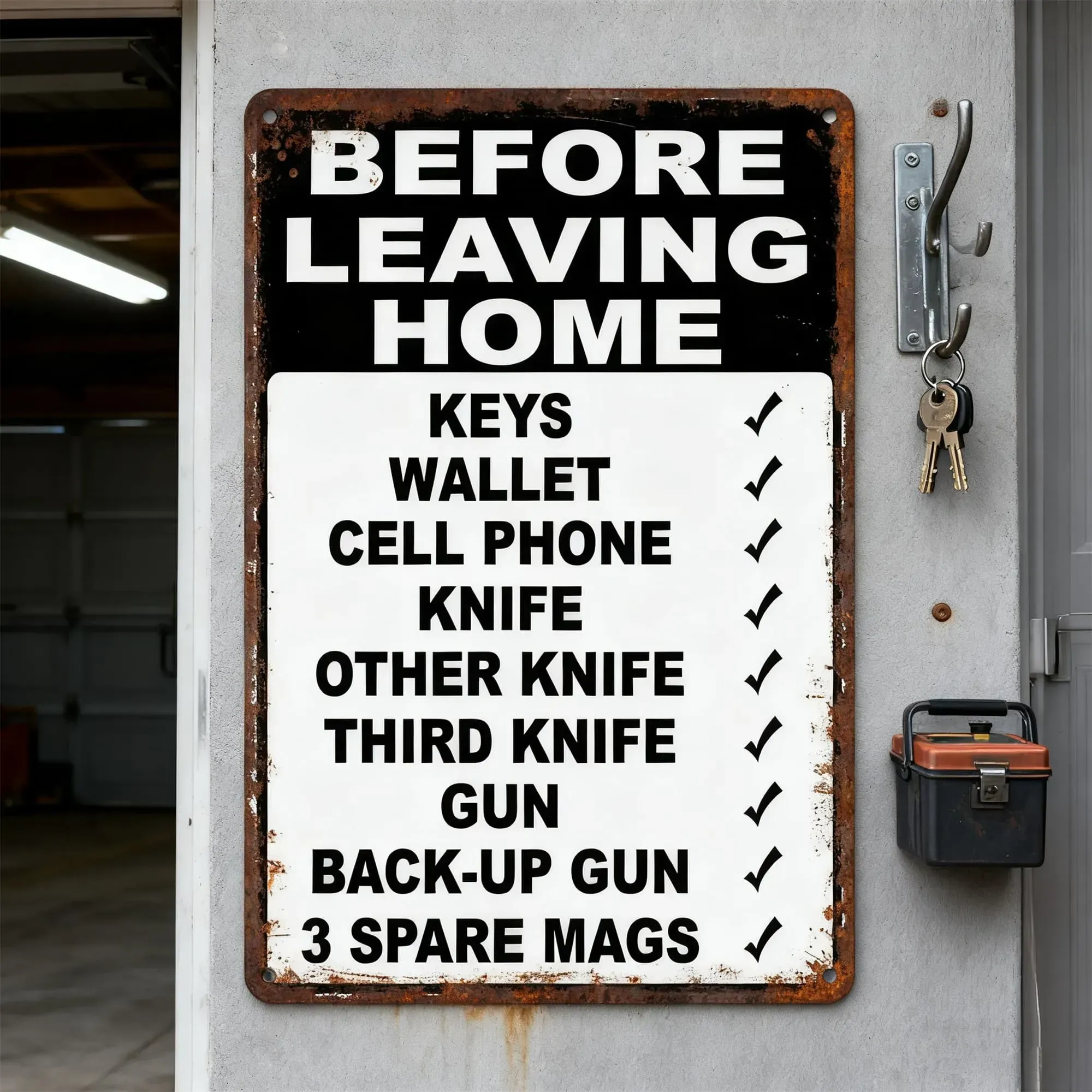 Before Leaving Home Funny Metal Sign